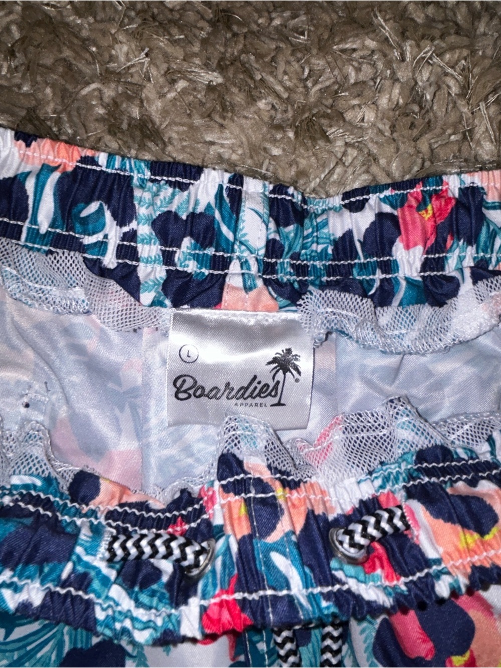 Mens Floral Print Drawstring Swim Shorts - Navy, Teal & Pink - Picture 3 of 4